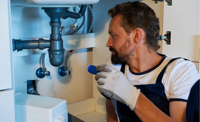 Técnico especialista inspeccionando la red de fontanería bajo un fregadero en Tenerife Sur para diagnosticar un posible bloqueo de desagüe. Iniciando la labor de desatasco.