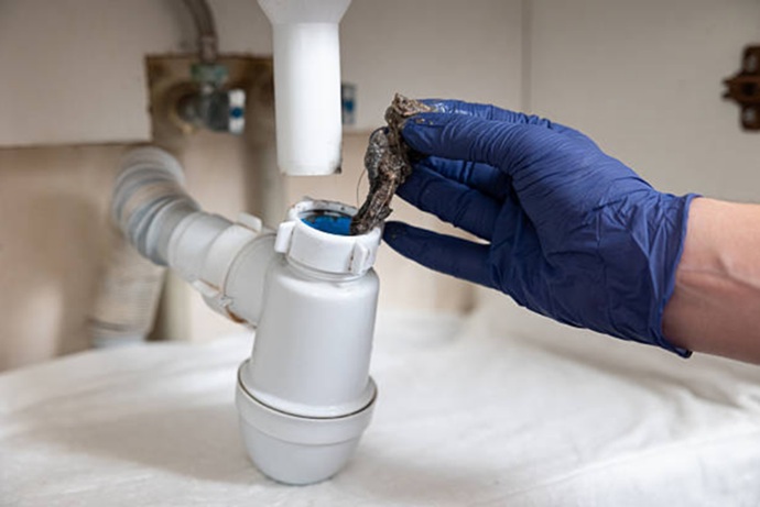 Extracción manual de sedimentos consolidados y materia orgánica obstructiva en un sifón tubular tras un colapso severo del desagüe y tubería.