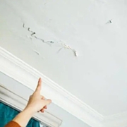 Residente señalando la propagación de una mancha de filtración hídrica y desprendimiento de pintura en el falso techo de un apartamento.