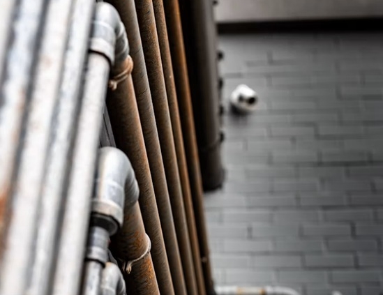 Multiservice A.D. analiza múltiples líneas de conducción metálica dispuestas en paralelo sobre un muro exterior, evidenciando un alto grado de oxidación y degradación por salinidad acumulada.