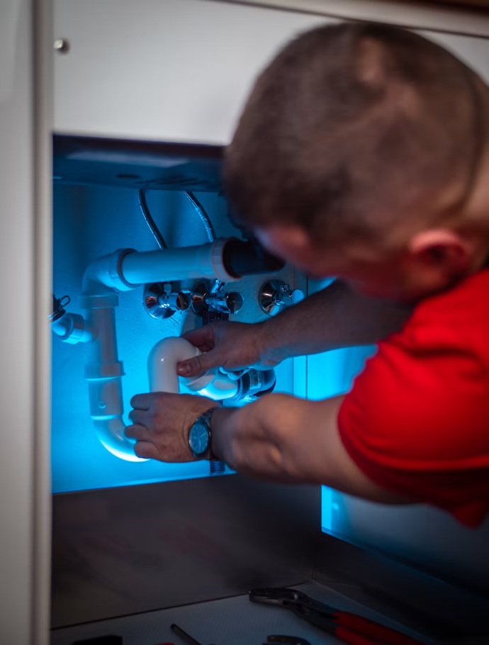 Fontanero realizando la alineación y ajuste de estanqueidad en un sifón de PVC iluminado con luz de inspección.