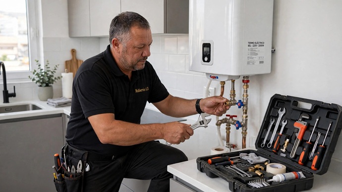 Fontanero de Multiservice A.D. ajustando las válvulas y racores de latón de un termo eléctrico con maletín de herramientas en Tenerife Sur.