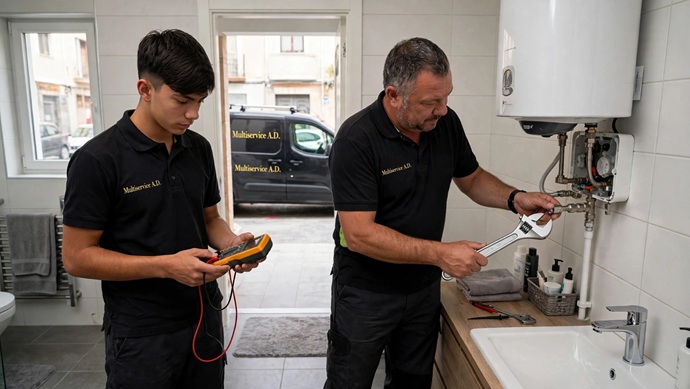 technicians-testing-water-heater-multimeter.jpg" alt="Técnicos de Multiservice A.D. verificando la resistencia eléctrica con multímetro y ajustando las conexiones de un termo eléctrico.