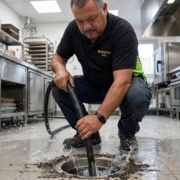 Desatascos para Restaurantes en Tenerife Sur Técnico de Multiservice A.D. introduciendo manguera hidrodinámica de alta presión en el sumidero de una cocina industrial en Tenerife Sur.