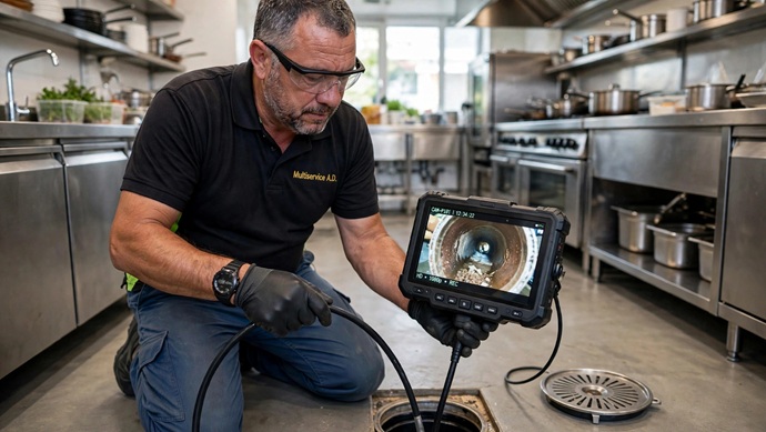 Operario de Multiservice A.D. realizando inspección con cámara CCTV robotizada en el interior de una tubería de cocina profesional.