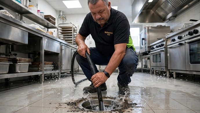 Técnico de Multiservice A.D. introduciendo manguera hidrodinámica de alta presión en el sumidero de una cocina industrial en Tenerife Sur.
