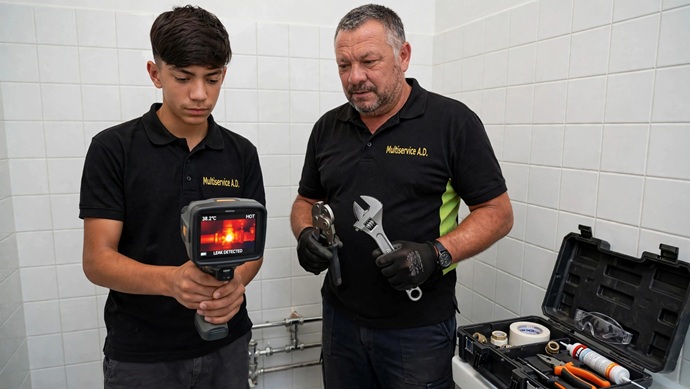 Técnicos de Multiservice A.D. localizando una fuga de agua caliente con cámara termográfica infrarroja en un cuarto de baño.
