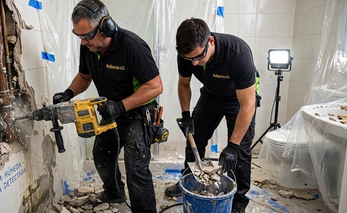 Operarios de Multiservice A.D. realizando la apertura quirúrgica de paramento con martillo demoledor tras localizar una fuga oculta en Tenerife Sur.