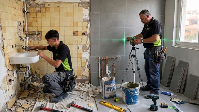 Técnicos de Multiservice A.D. replanteando tuberías de lavabo y nivelando alicatado con láser en un baño en obras.